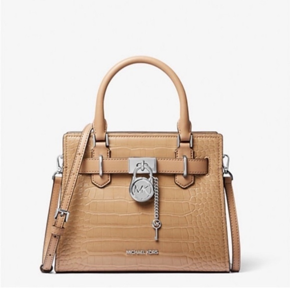 Michael Kors Tan Crocodile-Embossed Hamilton Small Satchel Crossbody Camel